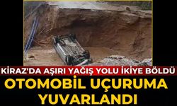 Kiraz'da Aşırı Yağış Yolu İkiye Böldü Otomobil Uçuruma Yuvarlandı