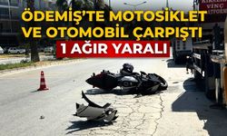 ÖDEMİŞ’TE MOTOSİKLET VE OTOMOBİL ÇARPIŞTI 1 AĞIR YARALI