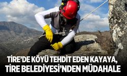 Tire’de Köyü tehdit eden kayaya, Tire Belediyesi’nden müdahale