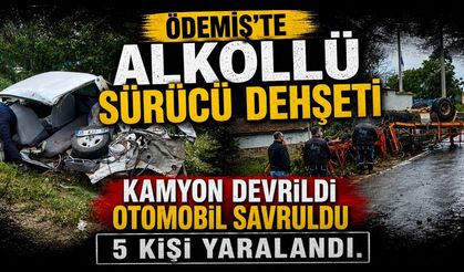 Ödemiş’te Alkollü Sürücü Dehşeti Kamyon Devrildi Otomobil Savruldu 5 kişi yaralandı