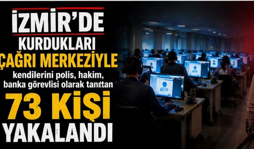 İzmir’de kurdukları çağrı merkeziyle kendilerini polis, hakim, banka görevlisi olarak tanıttan 73 kişi yakalandı